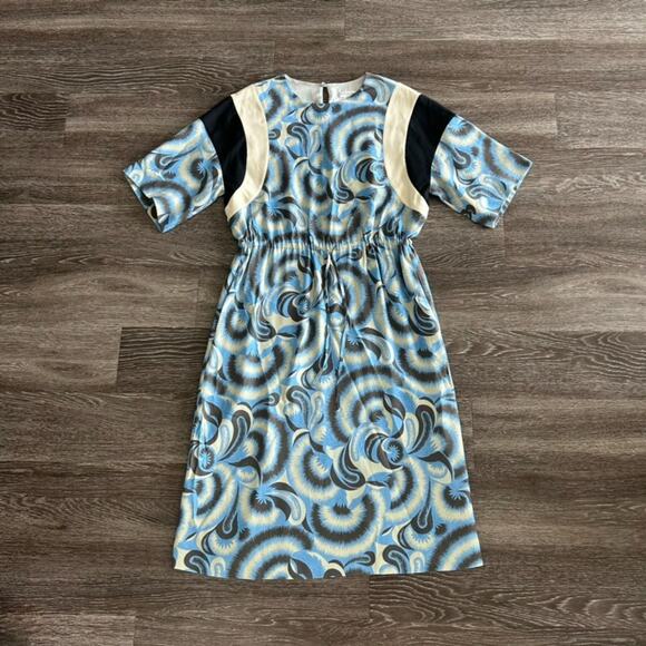 Dries Van Noten Abstract Print Midi Dress Blue Cream Black Viscose Size 42 US 10